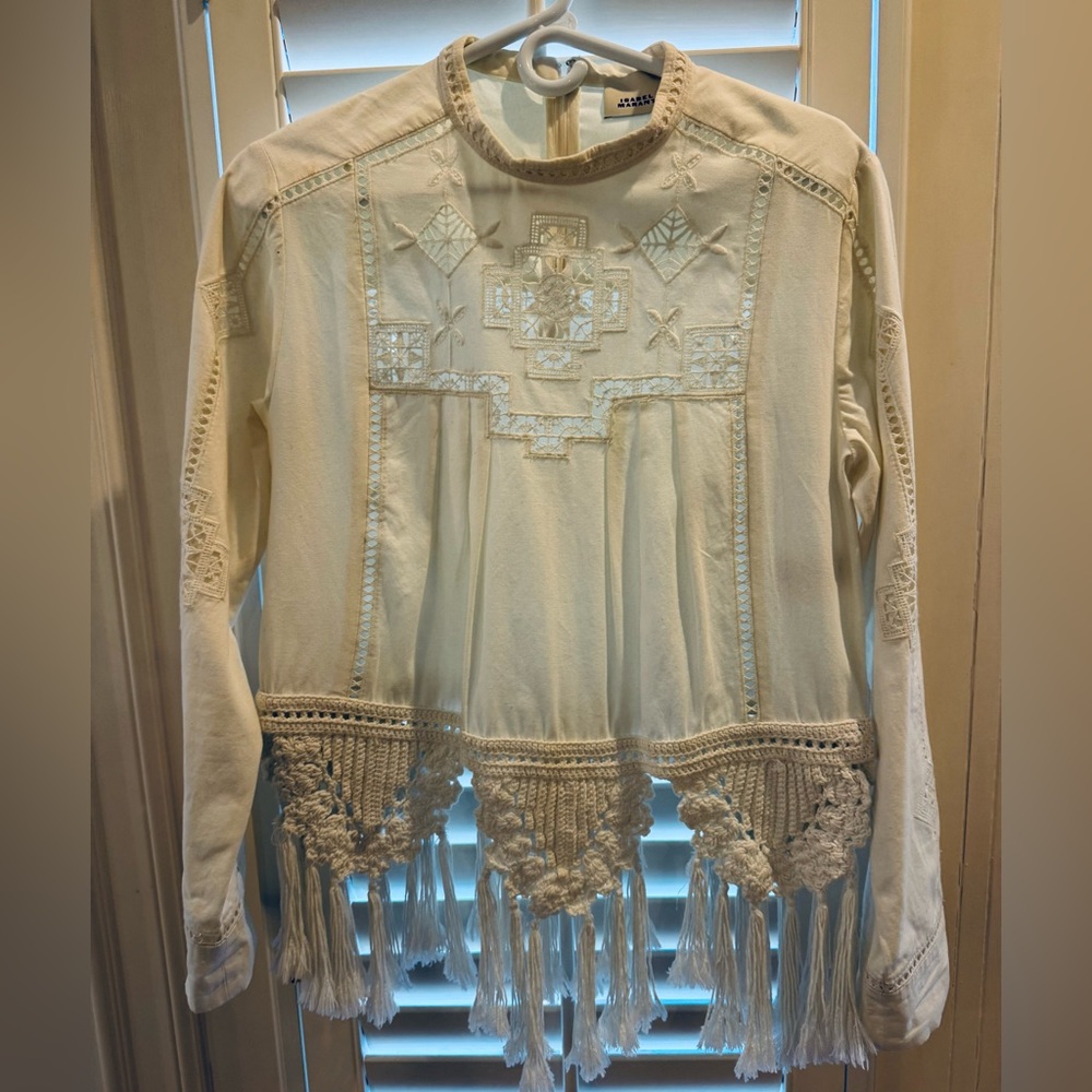 Isabel Marant Severine Crochet Fringe-Hem Long-Sleeve Blouse size 36 - Picture 3 of 8